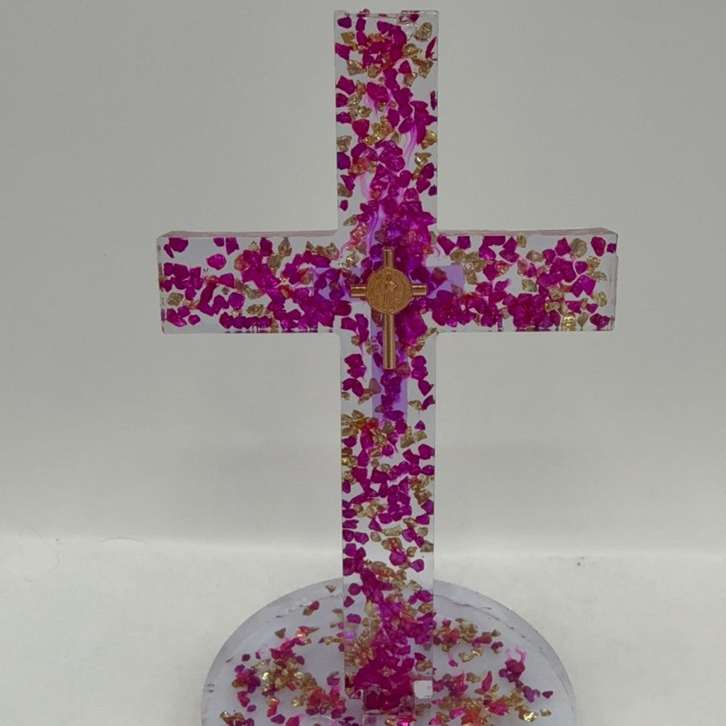 Handmade Resin Cross with Base |Crushed Glass Cross with Medallion—Lenten Gift