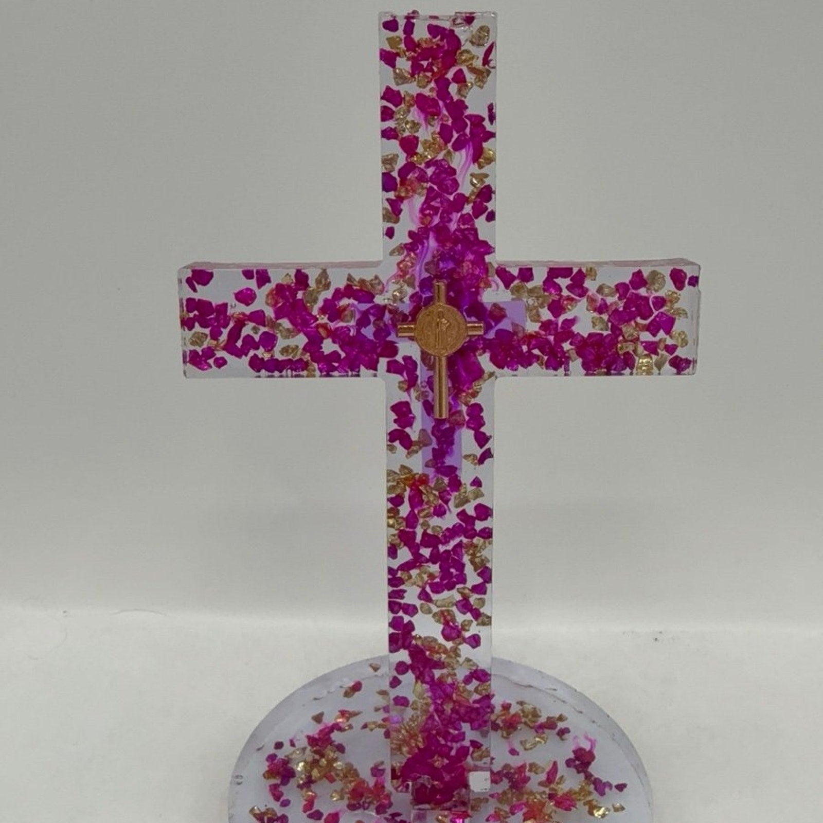 Handmade Resin Cross with Base |Crushed Glass Cross with Medallion—Lenten Gift