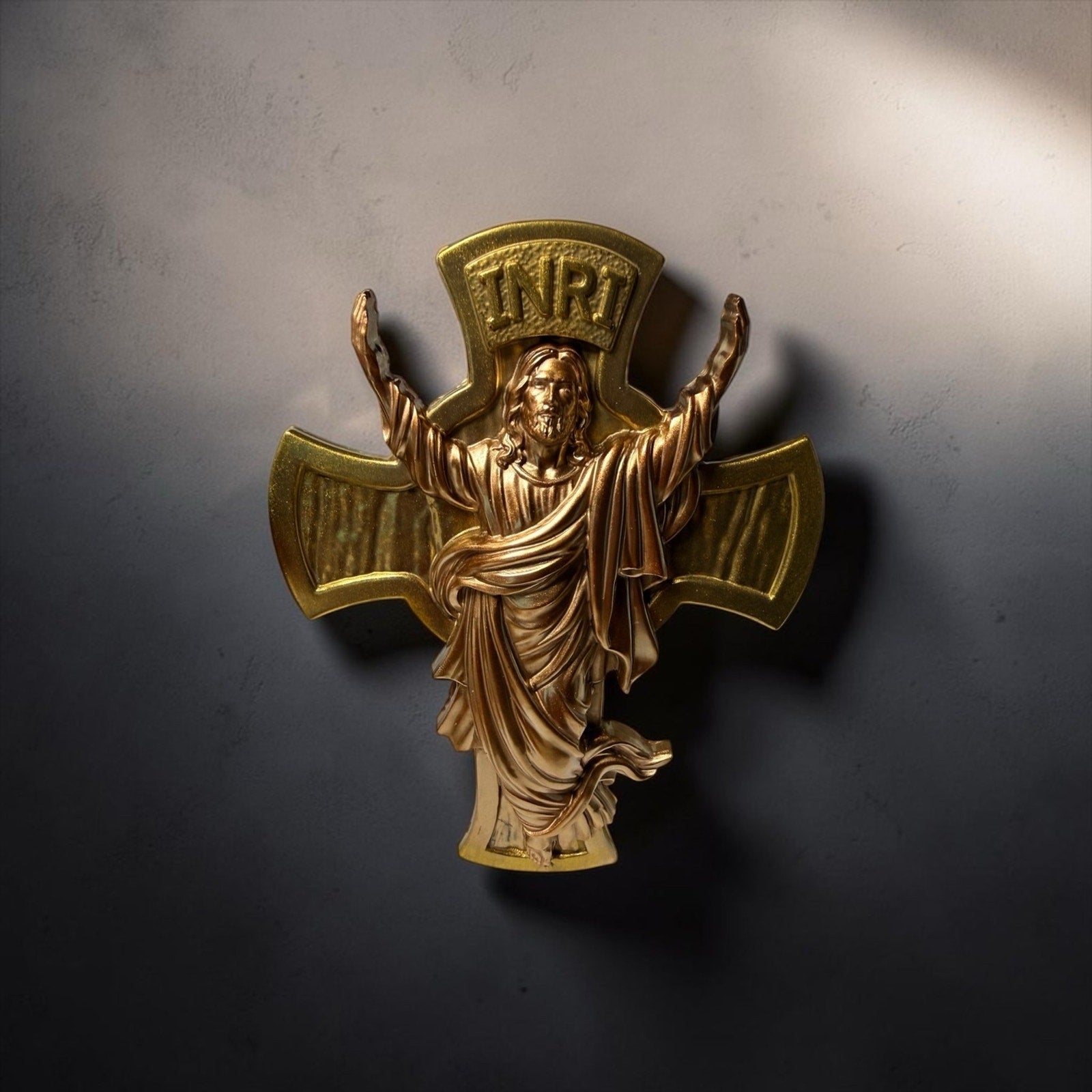 Catholic Cross Wall Decor Metallic Gold Copper Jesus  Home Gift Eco Resin