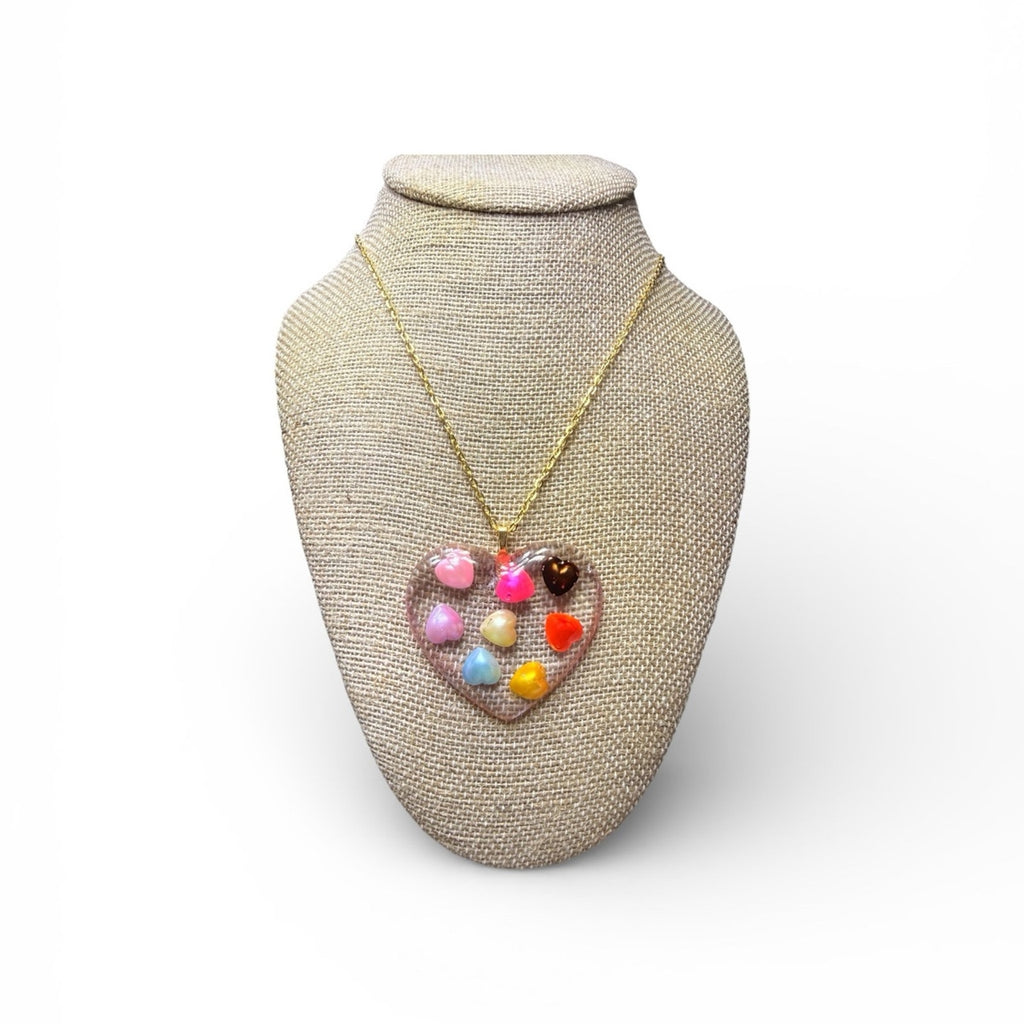 Resin Heart Pendant Necklace with Colorful Mini Hearts Handmade