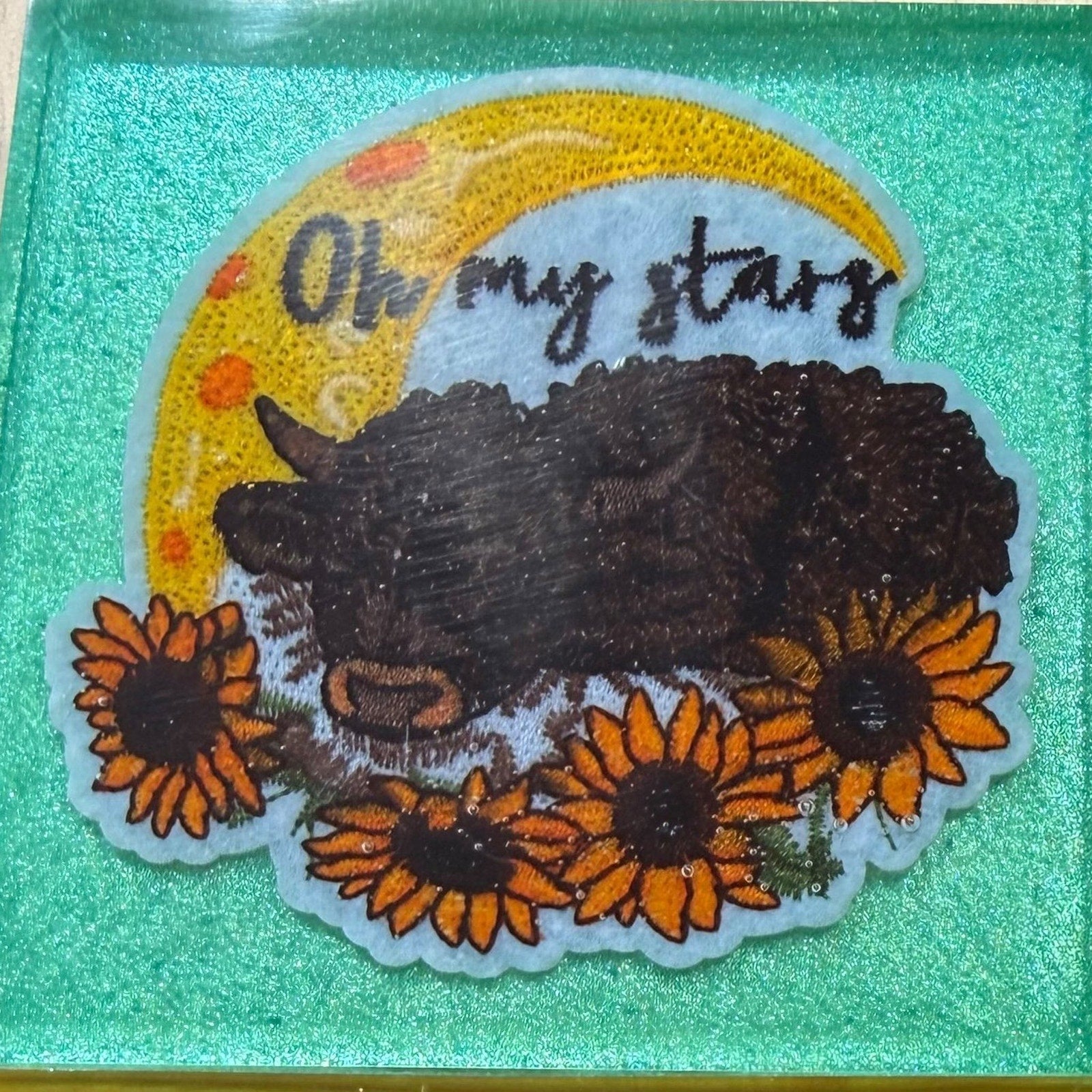 Handmade Set of 4 Retro Highland Cow Resin Coasters –Sunflower Boho Vibes
