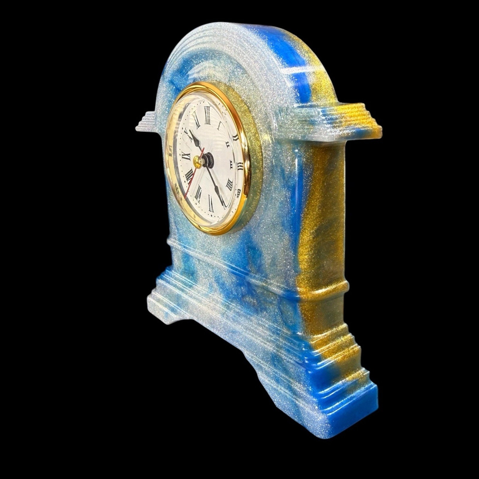 Handcrafted Resin Desk Clock Blue Gold Swirl Functional Art Decor Mantel Clock