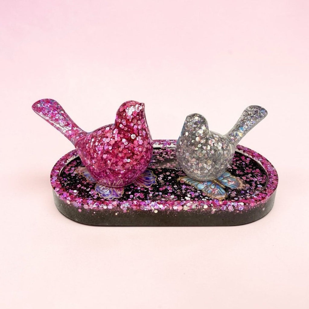Handmade Butterfly Epoxy Resin Trinket Tray • Pink Glitter Jewelry Dish