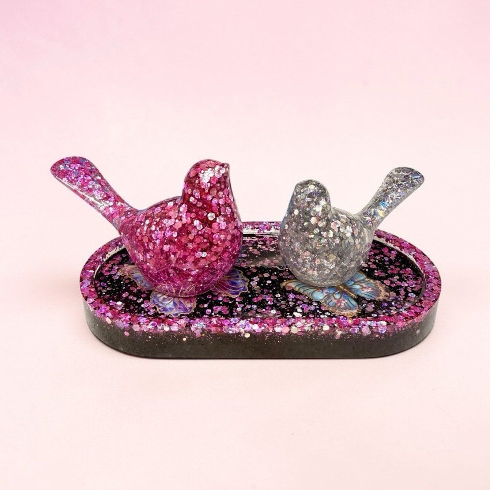 Handmade Butterfly Epoxy Resin Trinket Tray • Pink Glitter Jewelry Dish