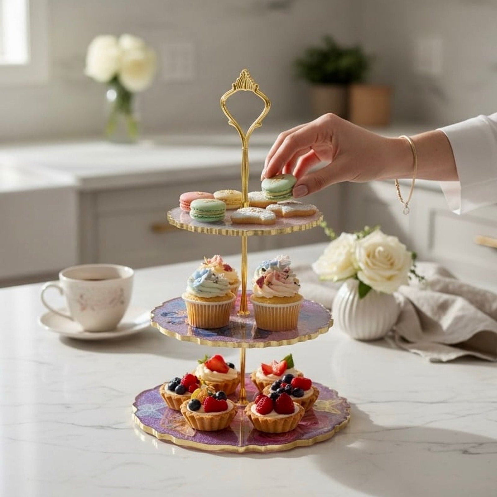 Handcrafted Epoxy Resin 3 Tier Tray Floral Butterfly Gold Stand Dessert Display