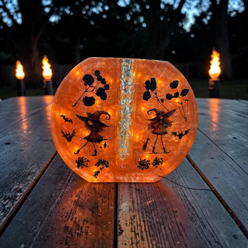 Halloween Lighted Resin Bud Vase – Witch Decor – Handmade Orange Vase