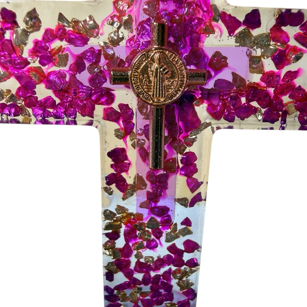 Handmade Resin Cross with Base |Crushed Glass Cross with Medallion—Lenten Gift