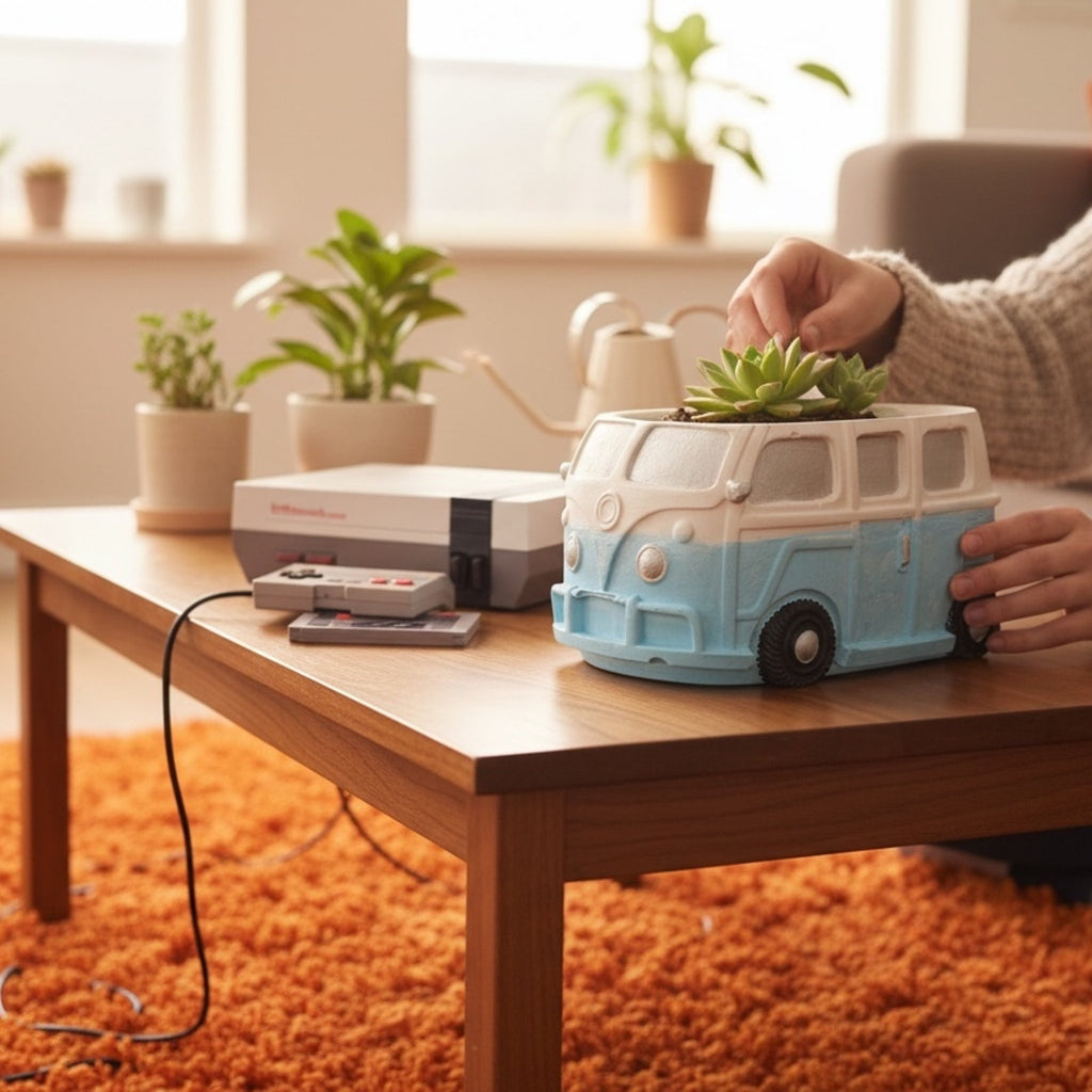 VW Bus Planter Retro Boho Decor 70s Hippie Van Organizer Blue White Eco Resin