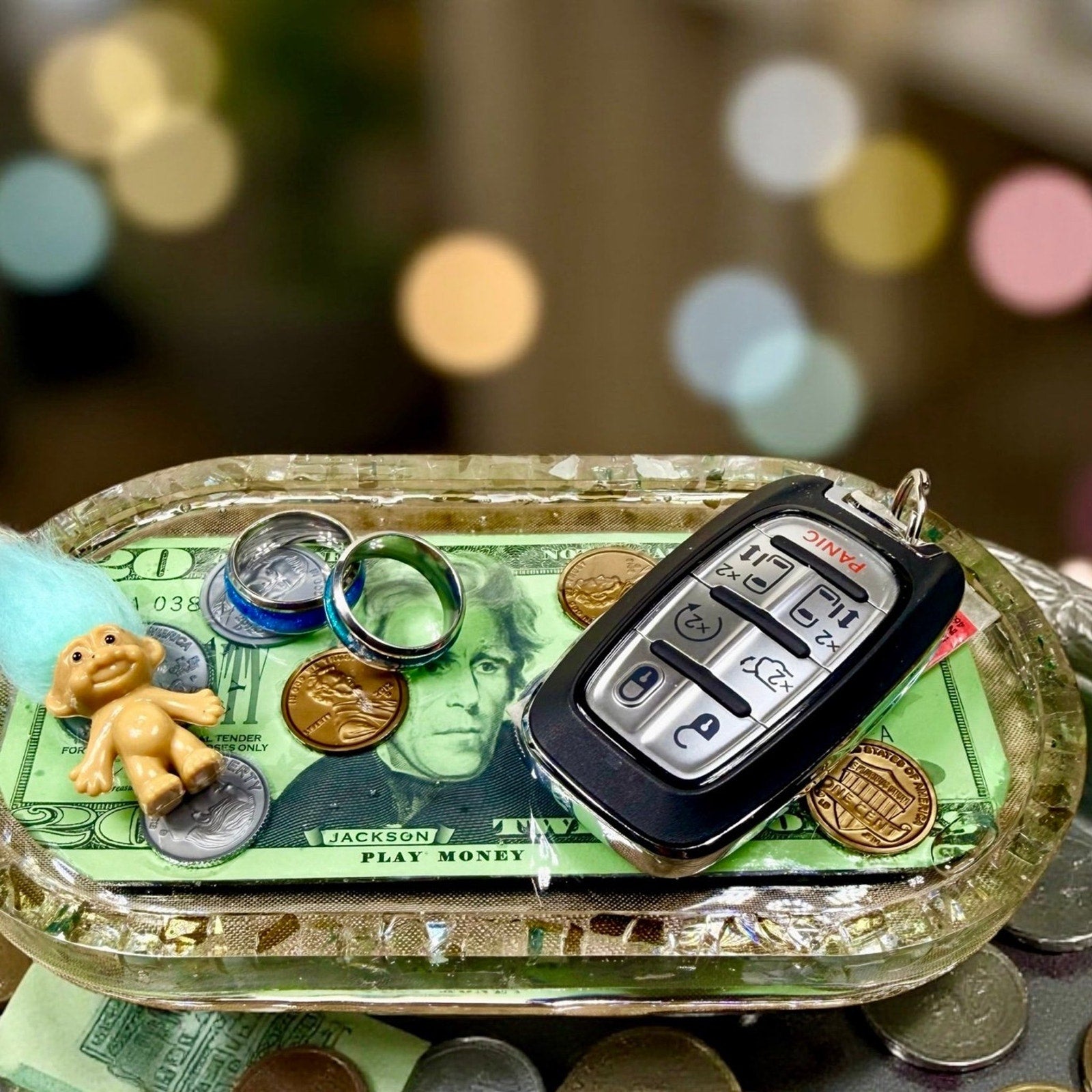 Handmade Resin Trinket Tray -Abundance Theme- Play Money- Make it Rain- Gift