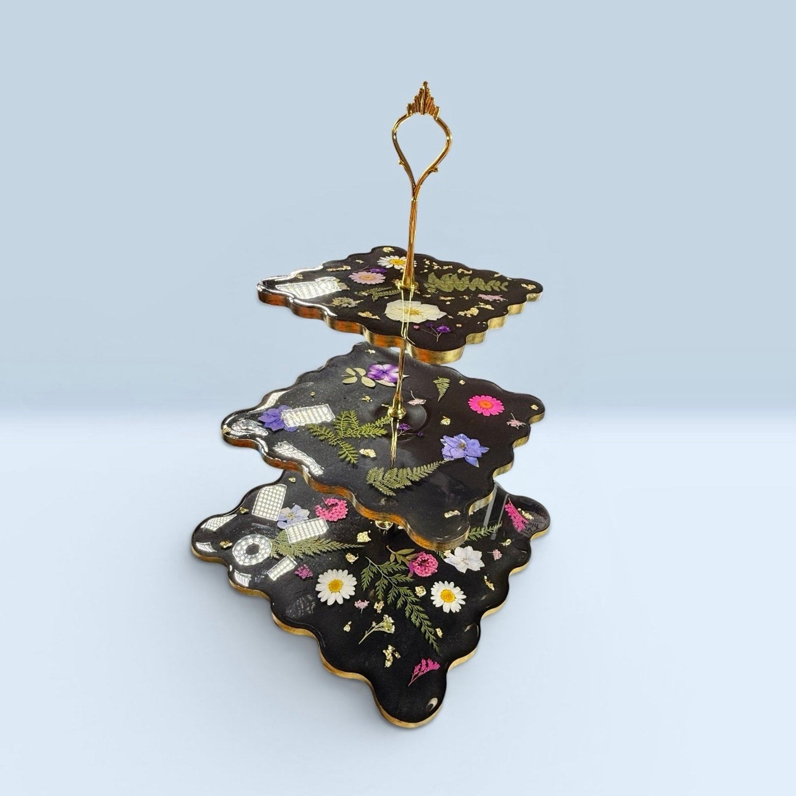 Noir Botanica Tiered Stand | Handcrafted 3 Tier Resin Serving Tray | Elegant