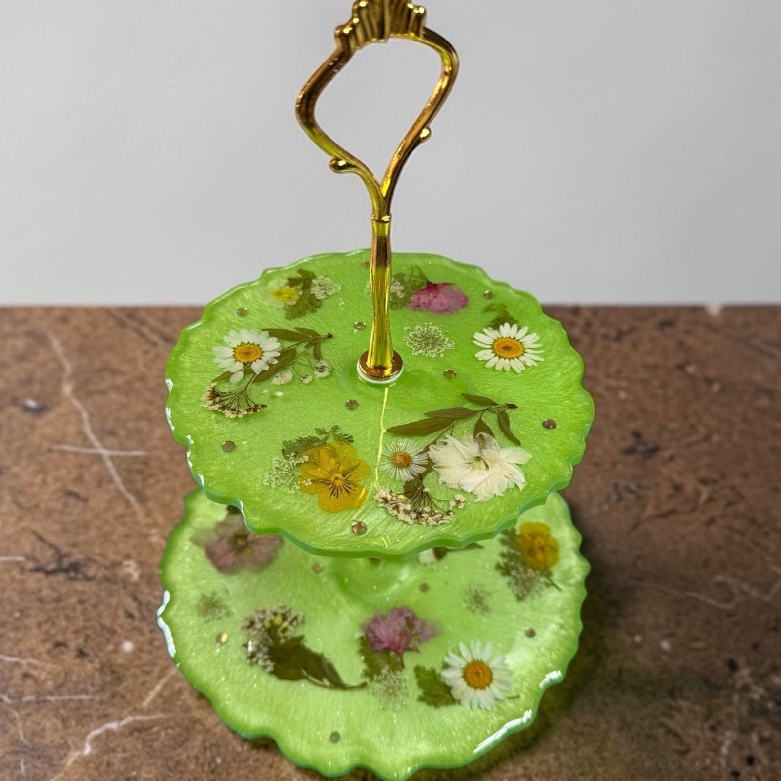 Handcrafted Resin 2 Tier Tray Pressed Flowers Green Gold Stand Botanical Decor