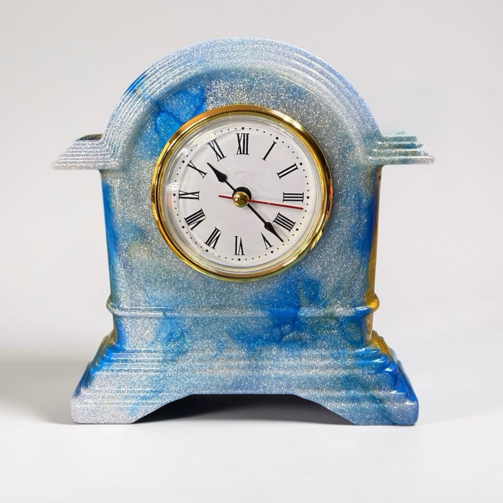 Handcrafted Resin Desk Clock Blue Gold Swirl Functional Art Decor Mantel Clock