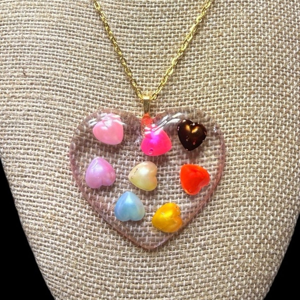 Resin Heart Pendant Necklace with Colorful Mini Hearts Handmade