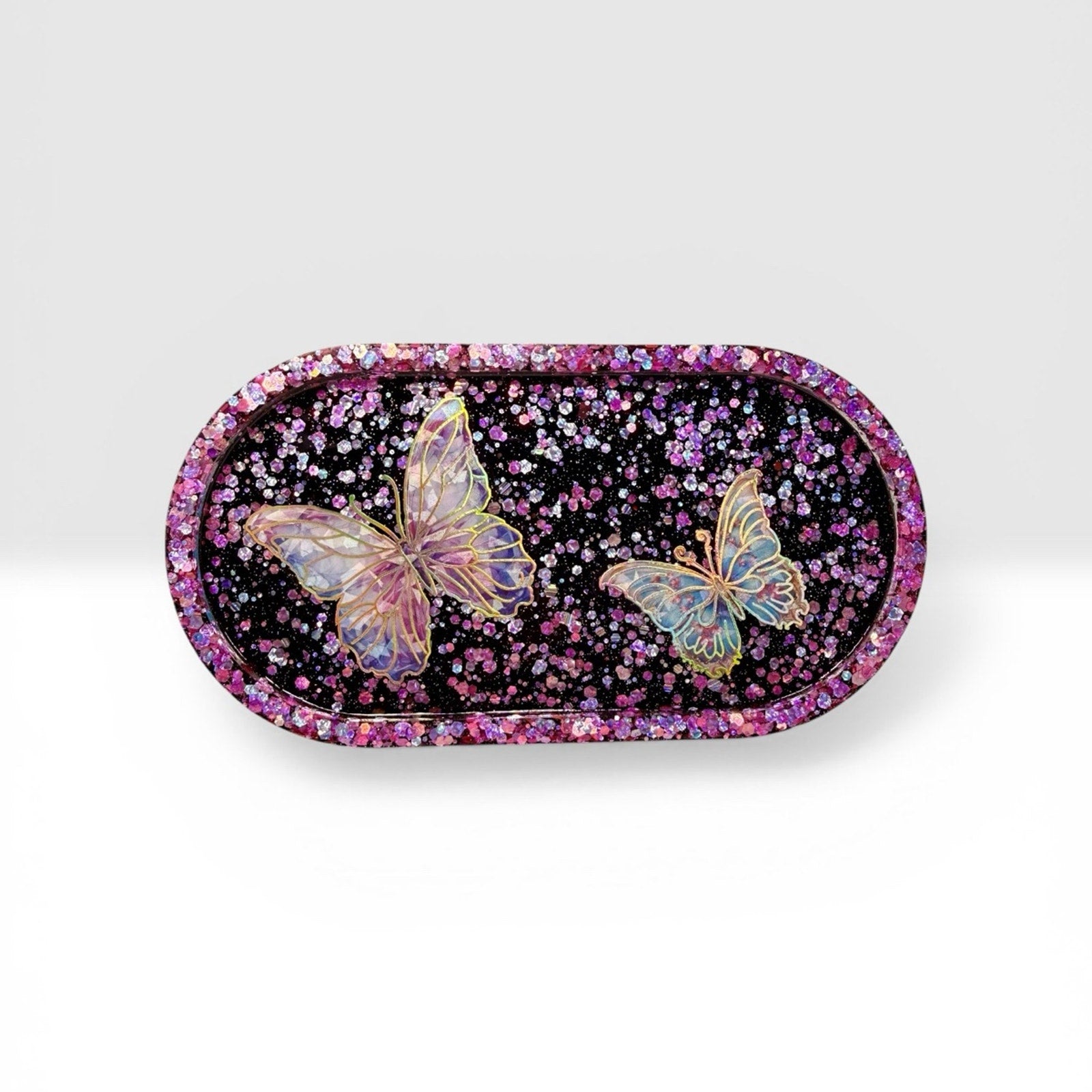Handmade Butterfly Epoxy Resin Trinket Tray • Pink Glitter Jewelry Dish