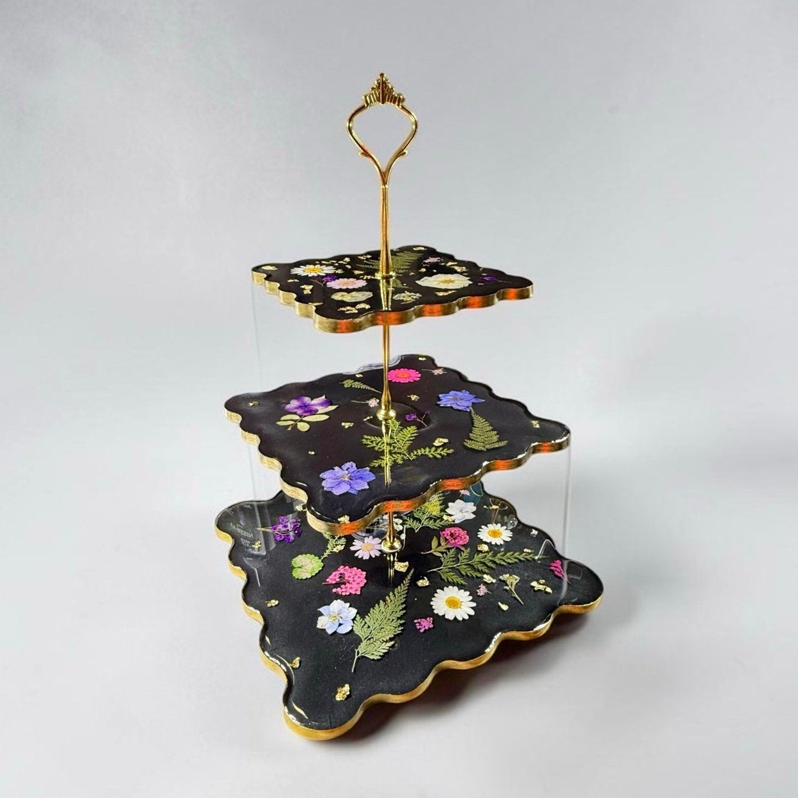 Noir Botanica Tiered Stand | Handcrafted 3 Tier Resin Serving Tray | Elegant