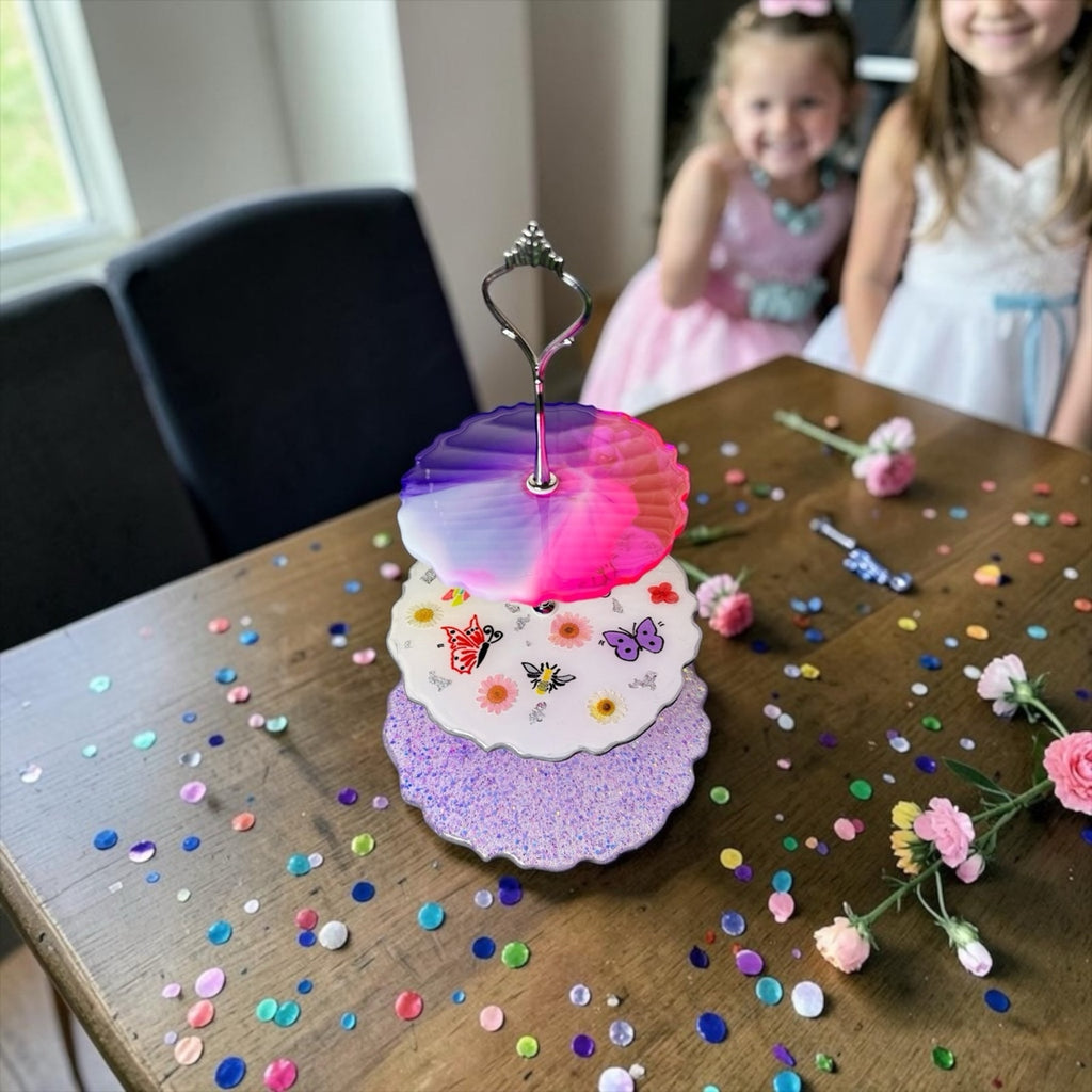 Whimsical 90s Party Time Resin Tier Tray | Fairy Tea Party Decor Glitter