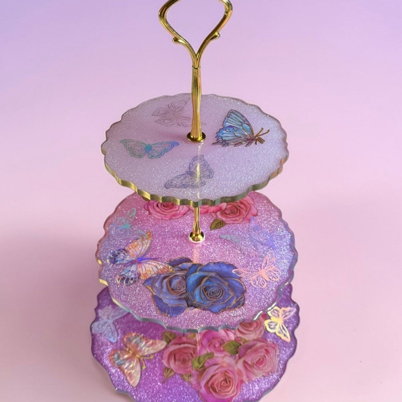 Handcrafted Epoxy Resin 3 Tier Tray Floral Butterfly Gold Stand Dessert Display
