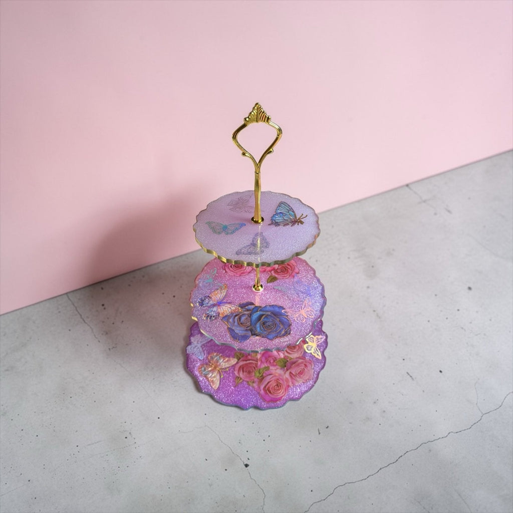 Handcrafted Epoxy Resin 3 Tier Tray Floral Butterfly Gold Stand Dessert Display