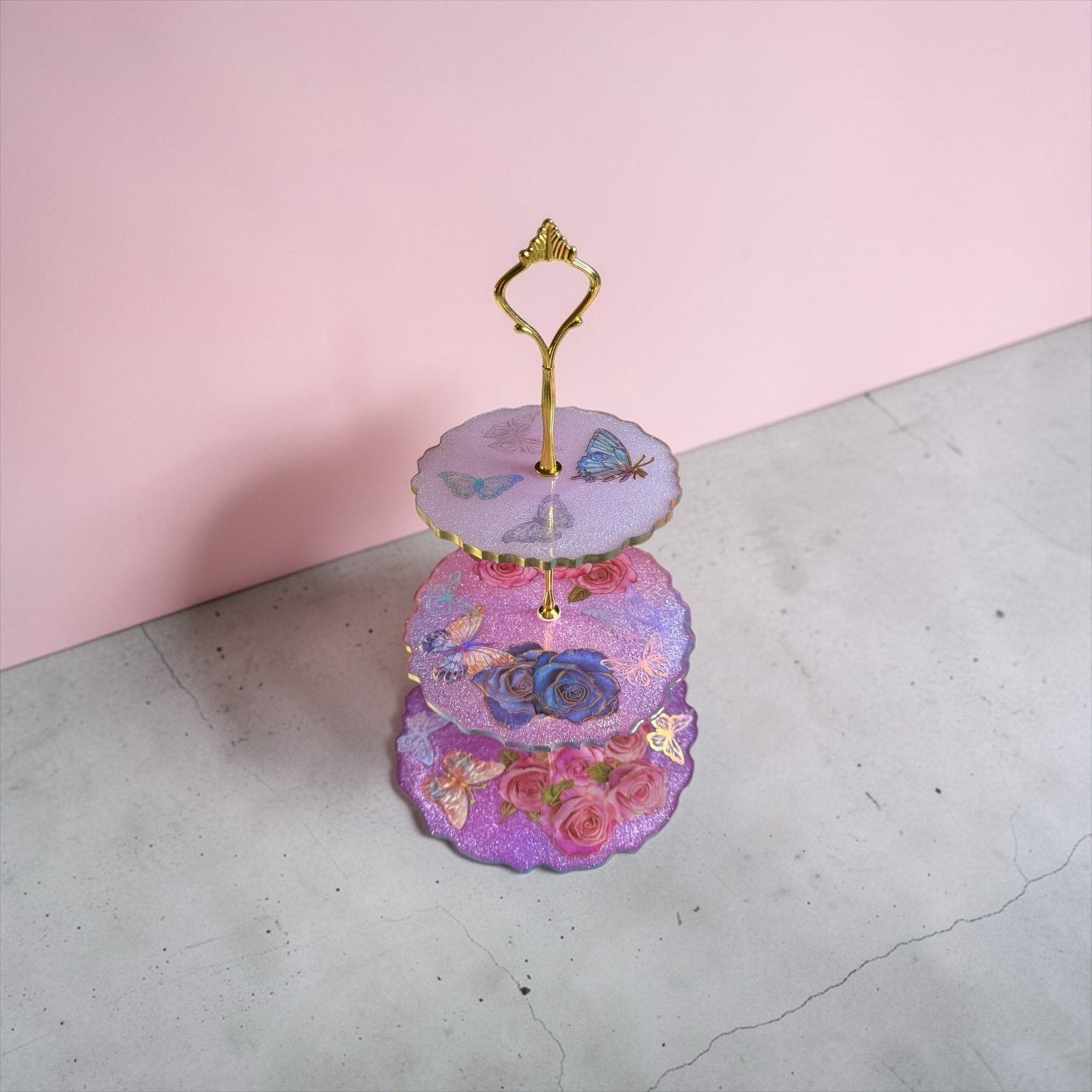 Handcrafted Epoxy Resin 3 Tier Tray Floral Butterfly Gold Stand Dessert Display