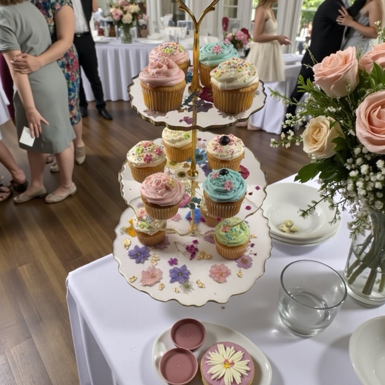 Handmade Pressed Flower Resin 3 Tier Tray Gold Tea Party Display—Forever Bloom