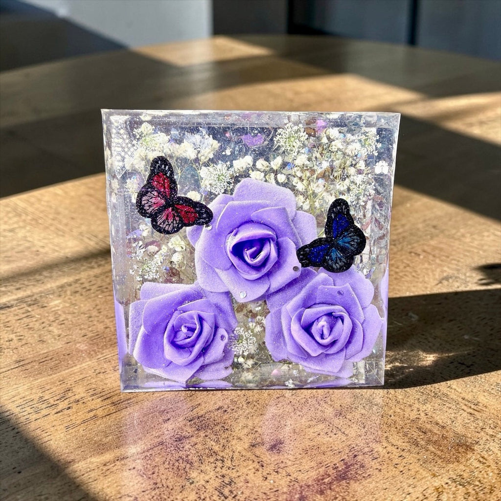 Large EpoxyResin Shelf Sitter Purple Rose Butterfly Decor Bookend Art Desk Decor