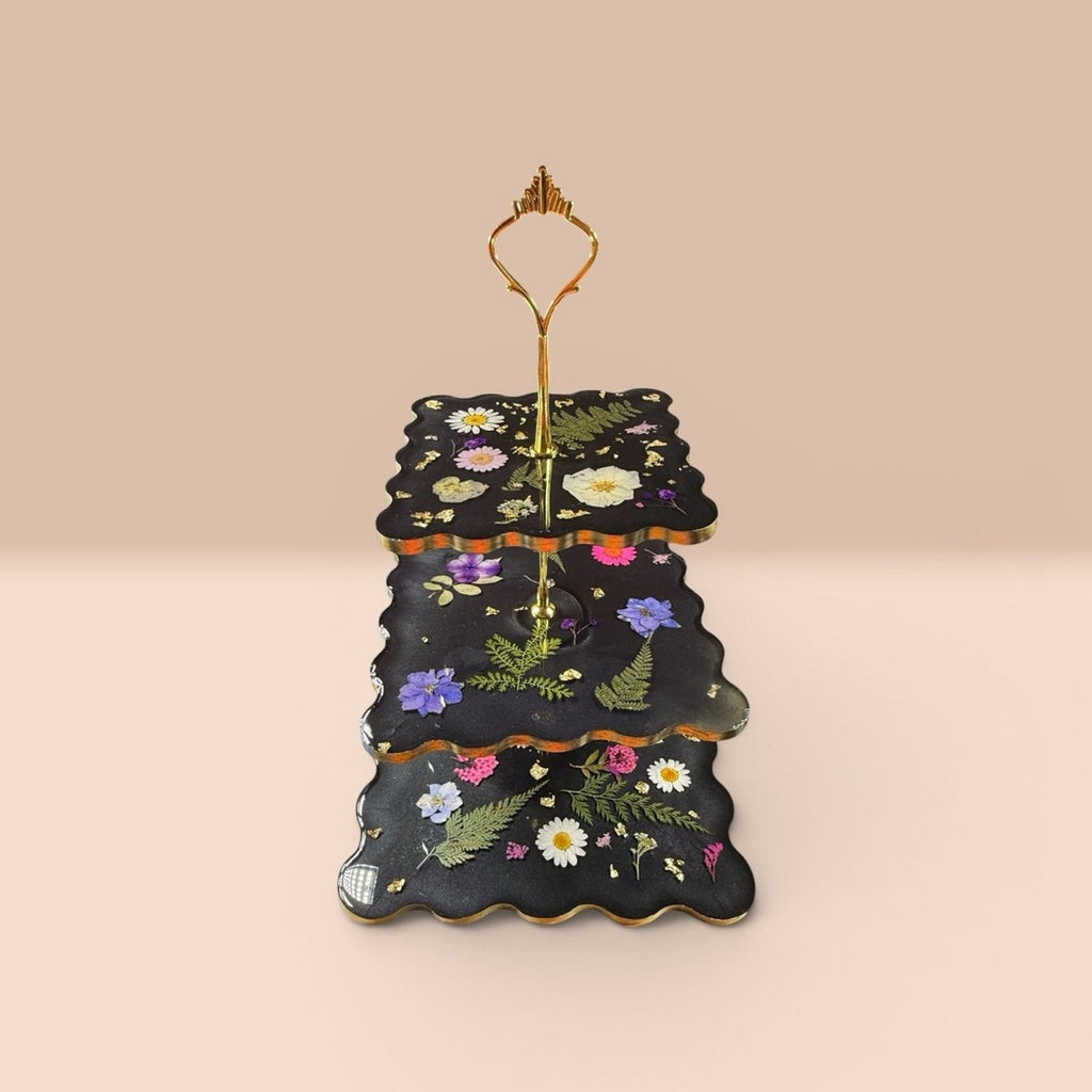Noir Botanica Tiered Stand | Handcrafted 3 Tier Resin Serving Tray | Elegant