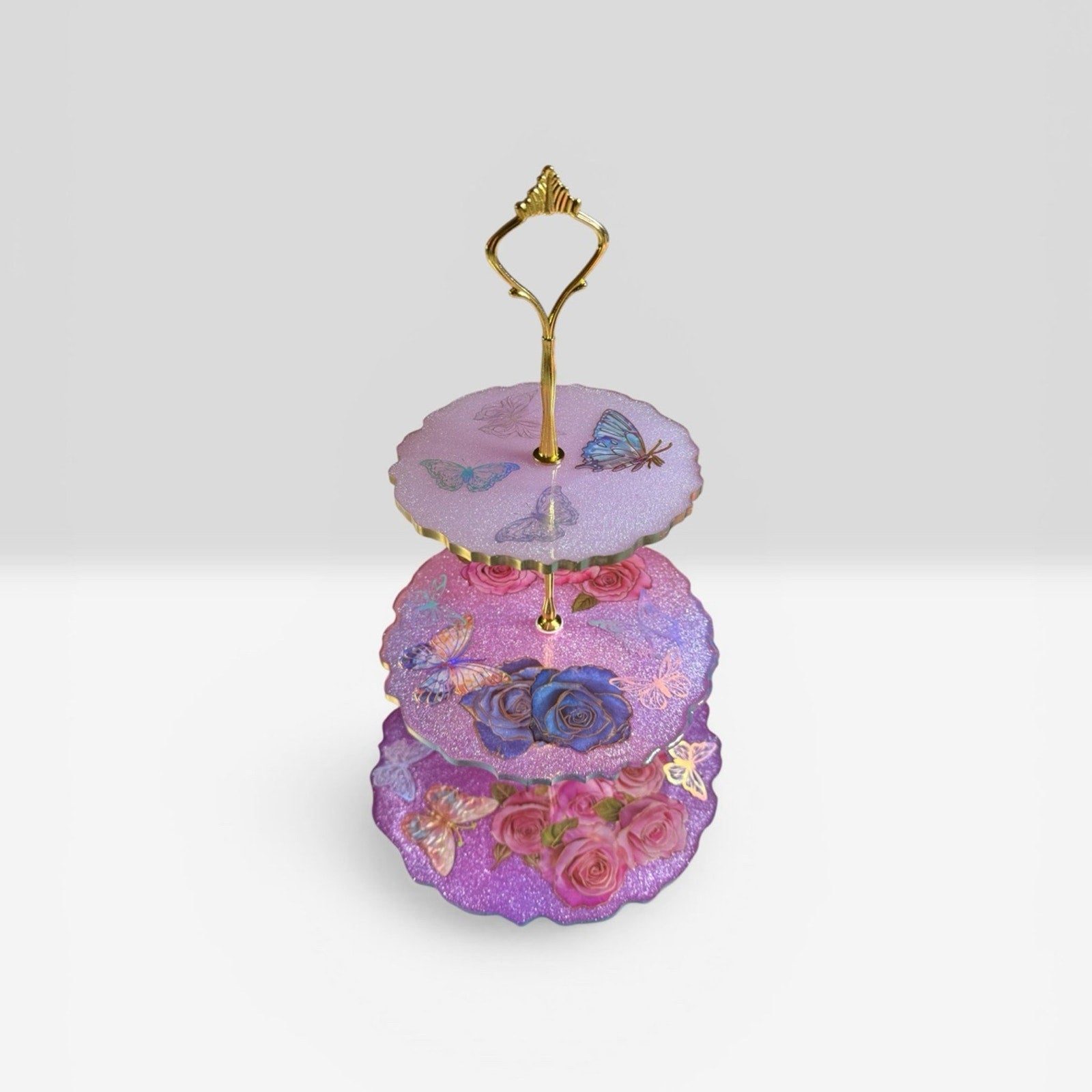 Handcrafted Epoxy Resin 3 Tier Tray Floral Butterfly Gold Stand Dessert Display