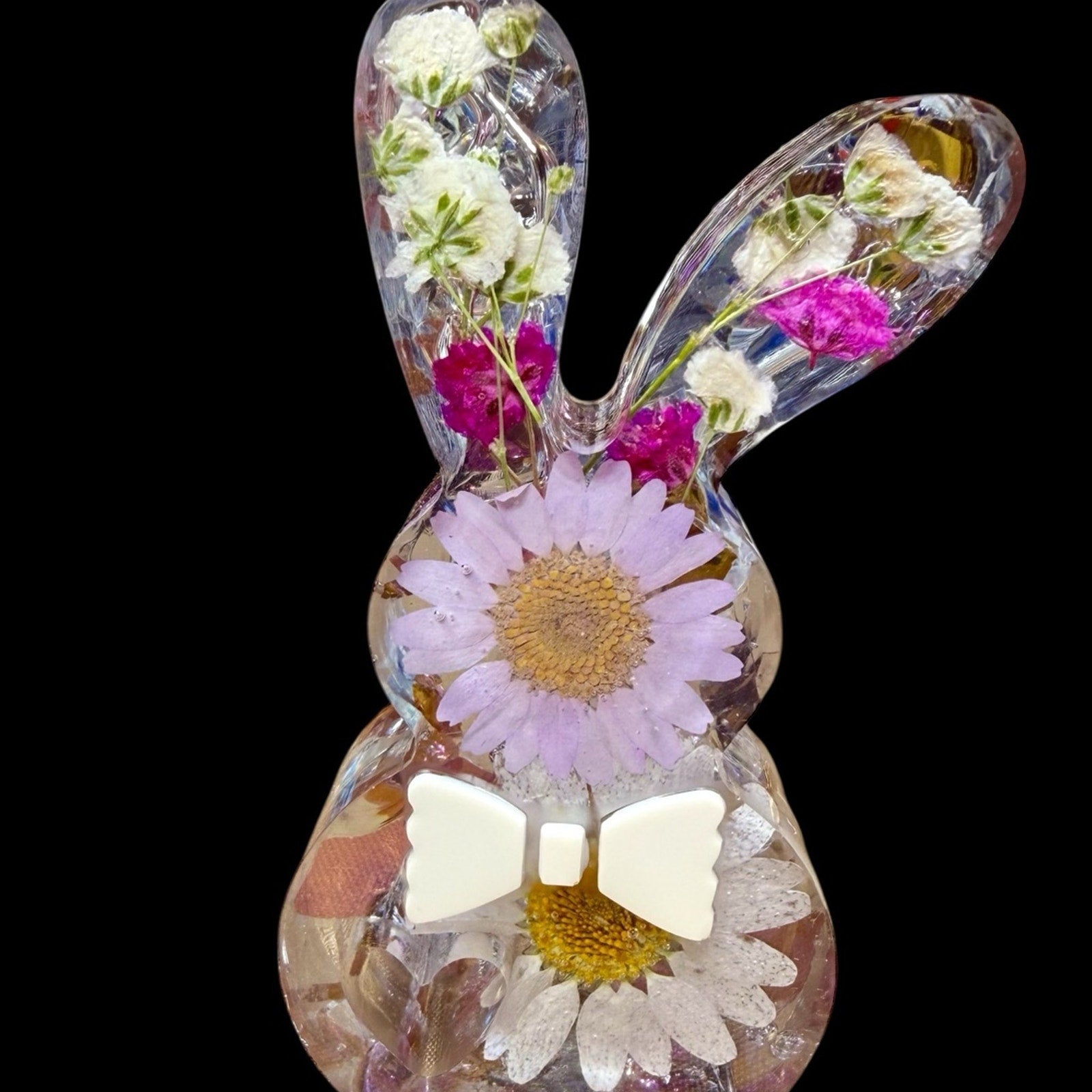 Pressed Flower Easter Bunny – Reversible Floral -Spring Decor- Pink Fireglass
