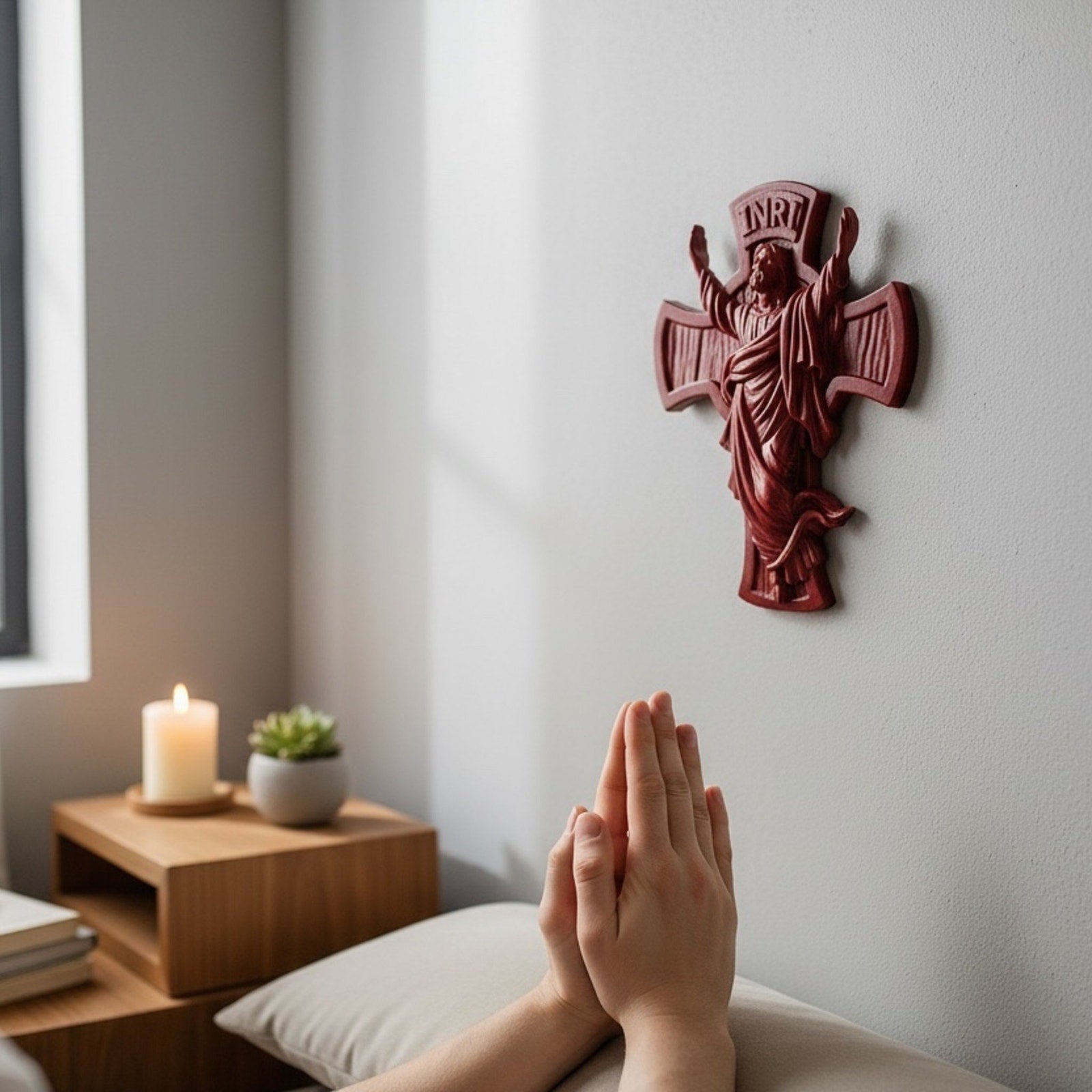 Burgundy Catholic Cross Wall Decor Faith Inspired Home Accent Handcrafted Resin