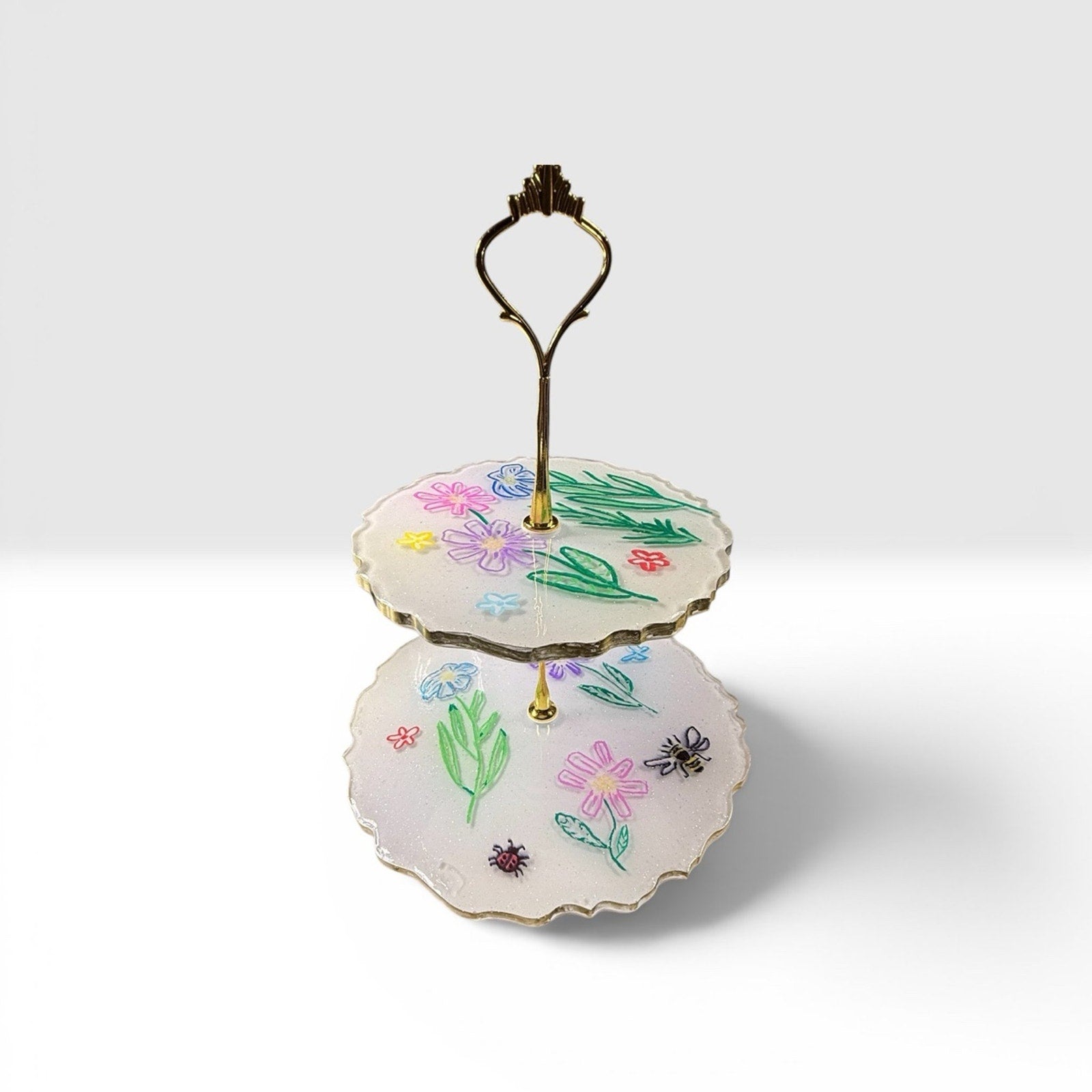 2 Tier Tray Hand Painted Floral Bee Dessert Stand Boho Handcrafted epoxy resin