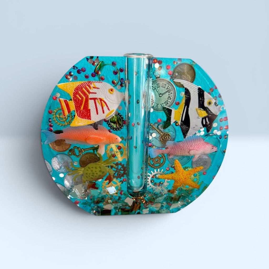 Handmade Resin Bud Vase | Steampunk Ocean Decor | Fish & Gear Curiosity | One-of
