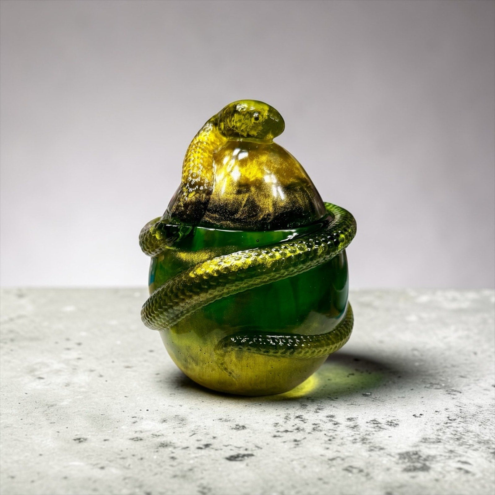 Handcrafted Epoxy Resin Snake Jar Emerald Green Gold Trinket Box Decor Curiosity