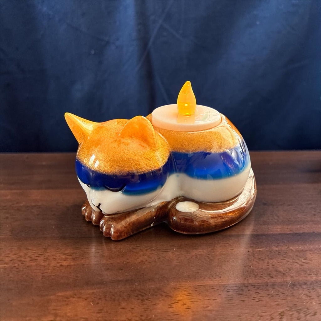 Handmade Resin Sleeping Cat Tea Light Holder Blue Gold Remnant Art