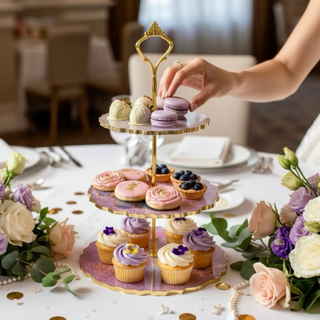 Handcrafted Epoxy Resin 3 Tier Tray Floral Butterfly Gold Stand Dessert Display