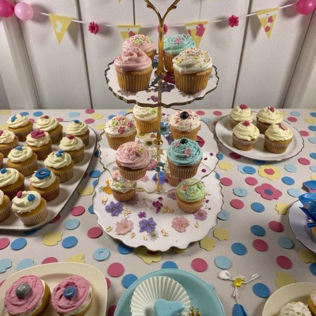 Handmade Pressed Flower Resin 3 Tier Tray Gold Tea Party Display—Forever Bloom