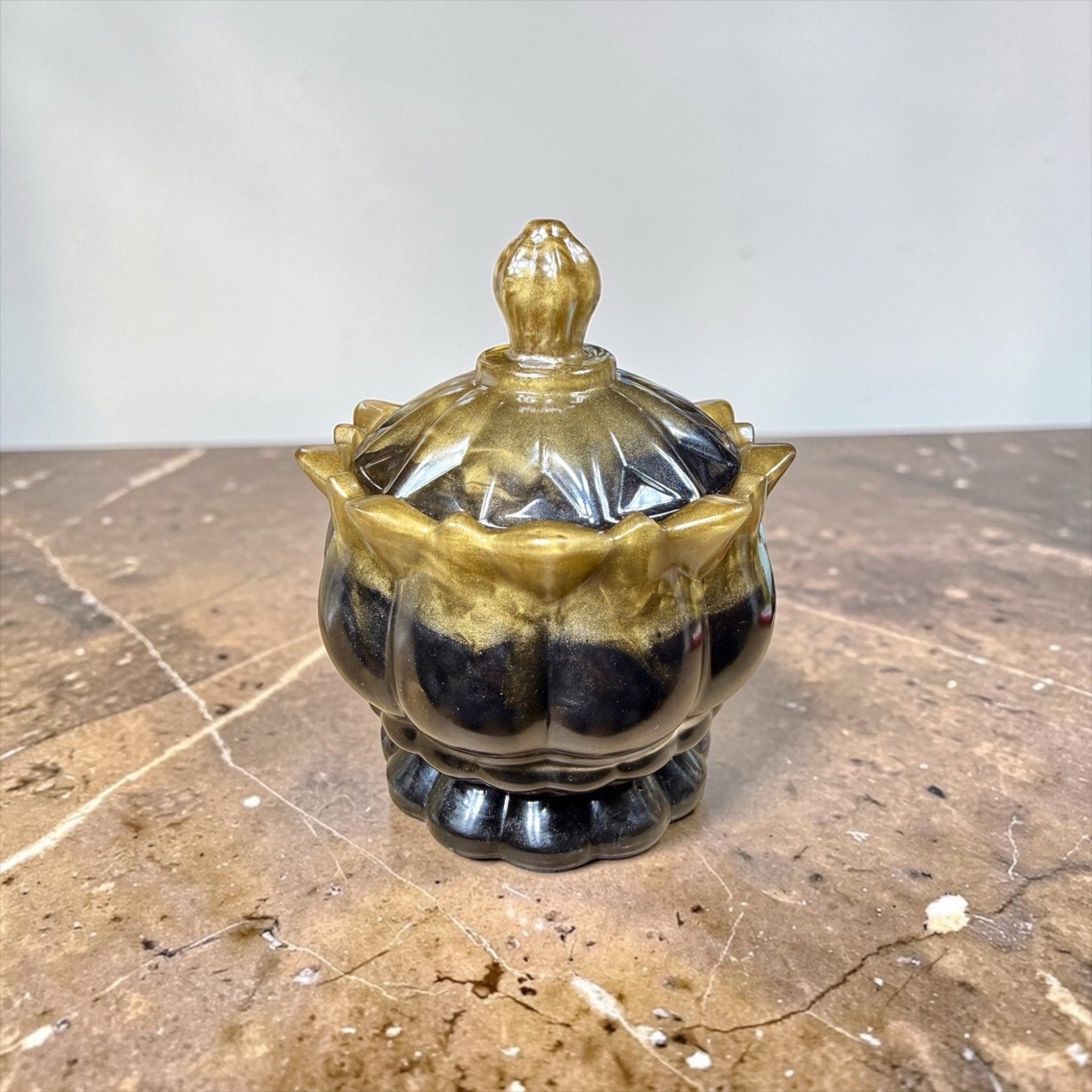 Handcrafted Resin Trinket Jar Gold Black Vanity Jewelry Holder Decor Boho
