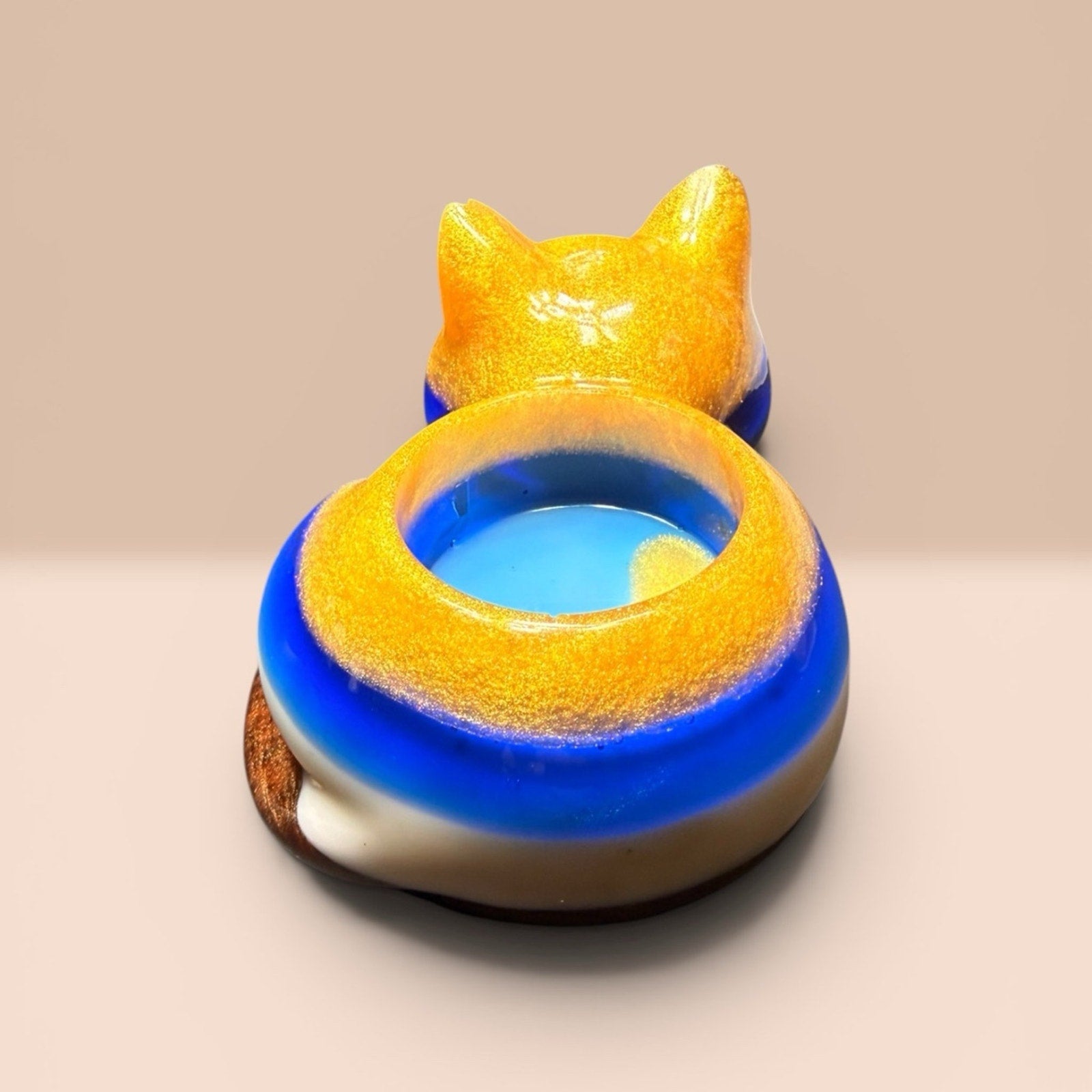 Handmade Resin Sleeping Cat Tea Light Holder Blue Gold Remnant Art