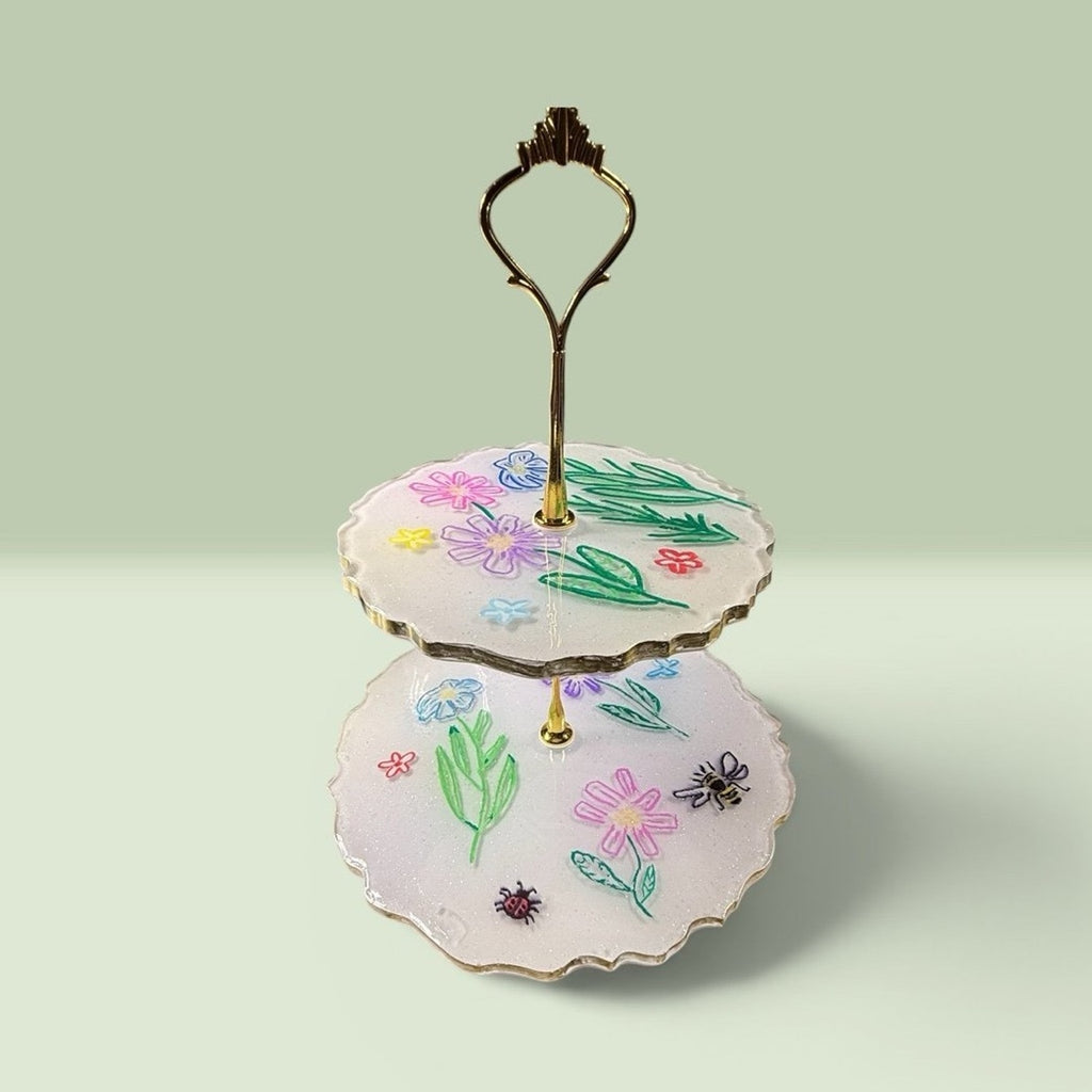 2 Tier Tray Hand Painted Floral Bee Dessert Stand Boho Handcrafted epoxy resin