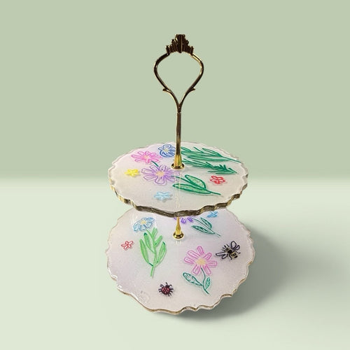2 Tier Tray Hand Painted Floral Bee Dessert Stand Boho Handcrafted epoxy resin