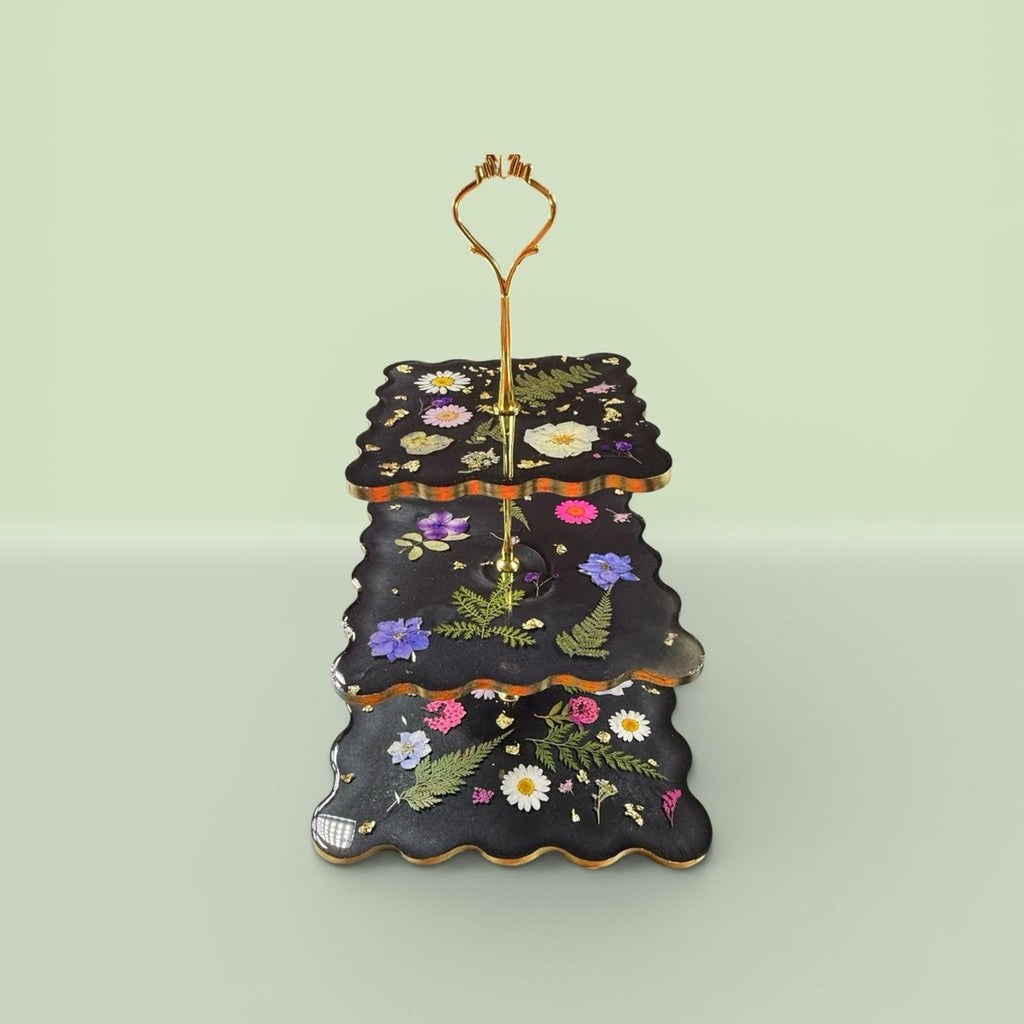 Noir Botanica Tiered Stand | Handcrafted 3 Tier Resin Serving Tray | Elegant