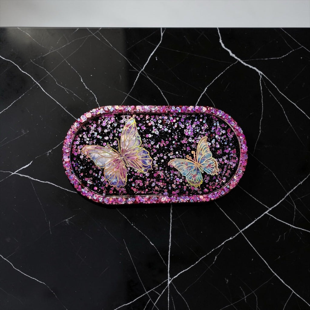 Handmade Butterfly Epoxy Resin Trinket Tray • Pink Glitter Jewelry Dish