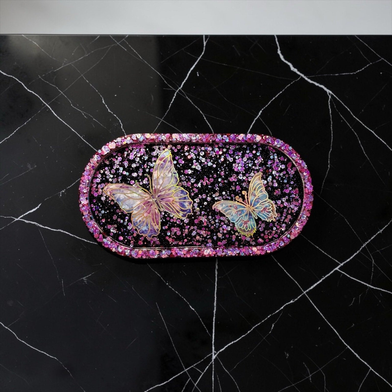 Handmade Butterfly Epoxy Resin Trinket Tray • Pink Glitter Jewelry Dish