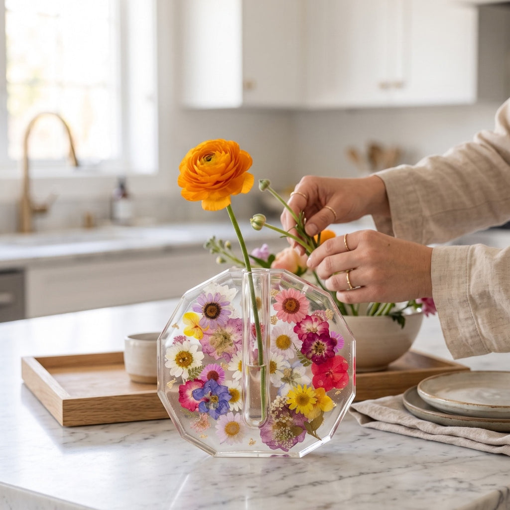 Handmade Pressed Flower Bud Vase | Real Dried Flowers in Crystal Clear Resin |