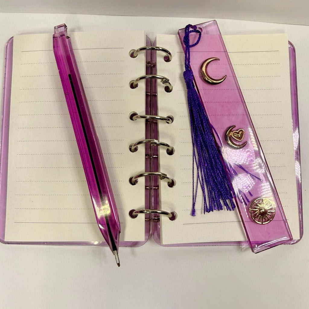 Handmade Resin Notebook Set A7 Moon Celestial w/ Handmade Pens and Bookmarks