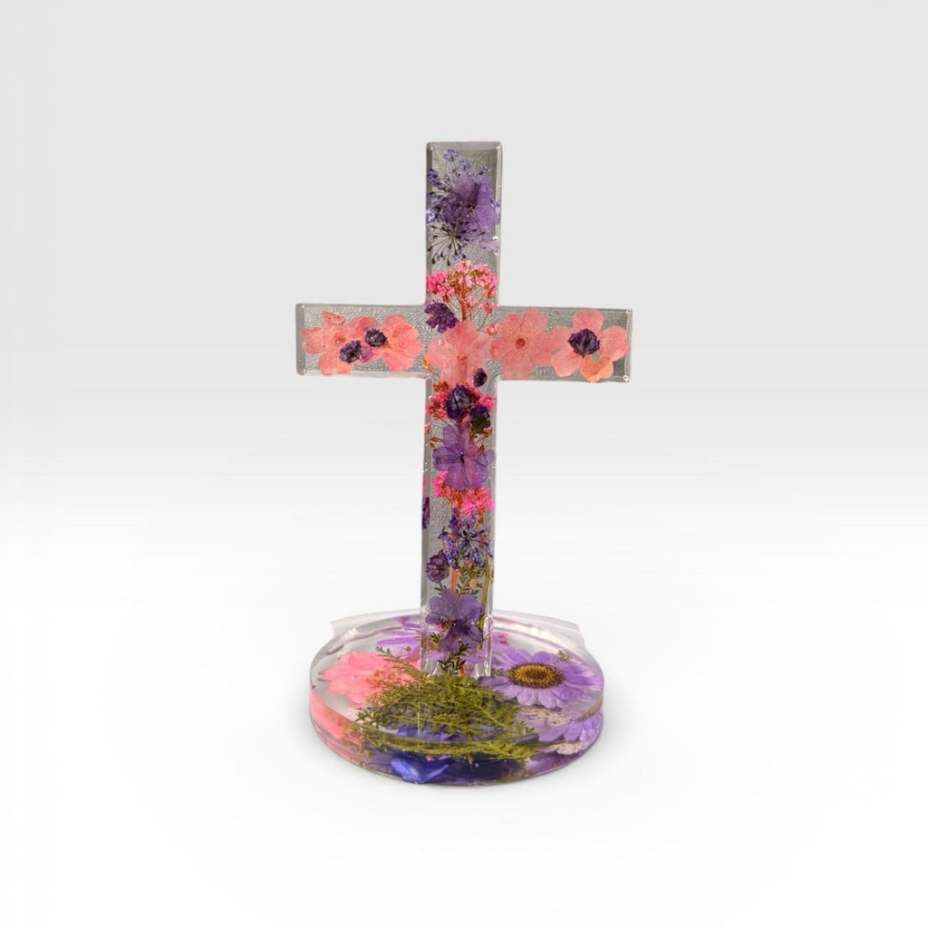 Handmade Floral Resin Cross w/ Pressed Flowers—Lenten Gift Handmade Faith Decor