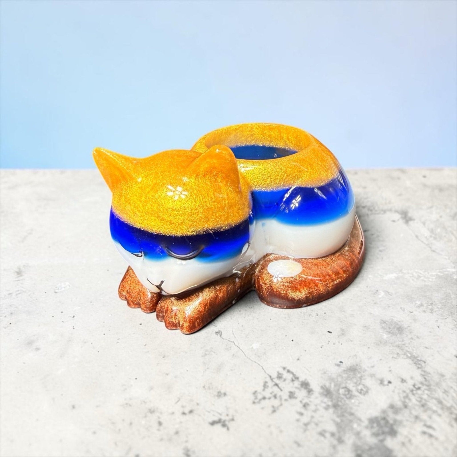 Handmade Resin Sleeping Cat Tea Light Holder Blue Gold Remnant Art