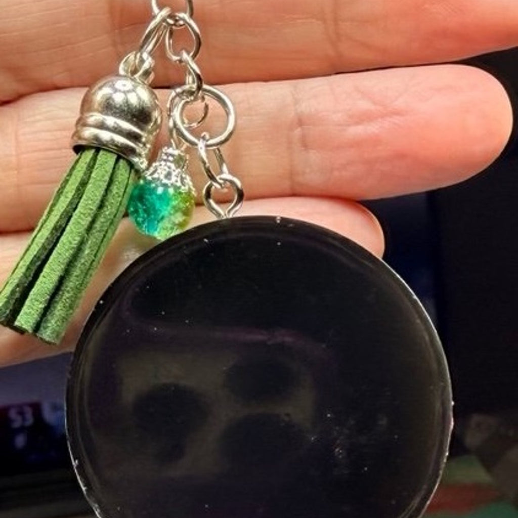 Holographic Pressed Flower Keychain w/ Green Tassel Charm and Glass Bead