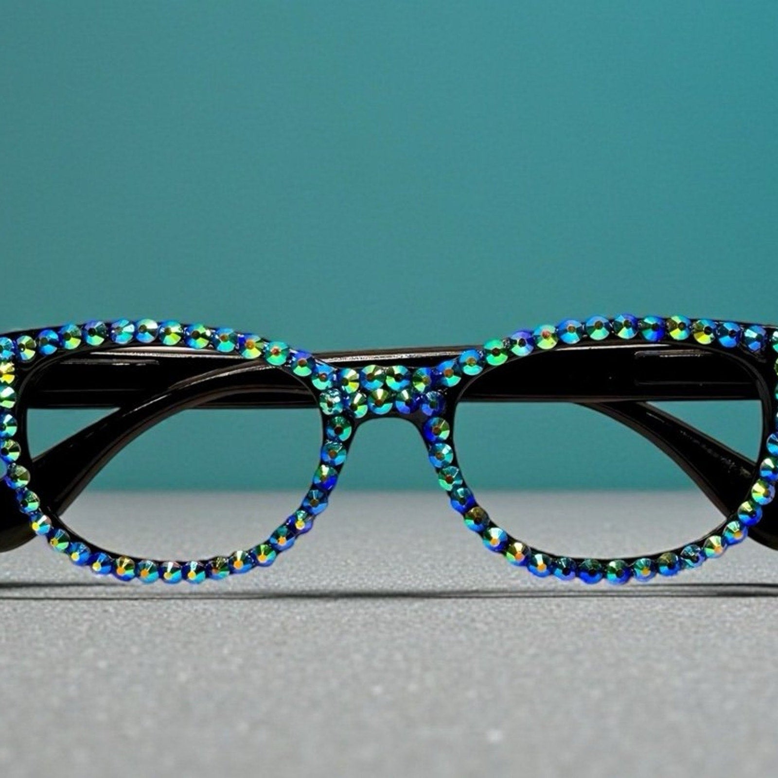 Hand Finished Electric Aura Bling Reading Glasses Blue/Green Rhinestone  2.75