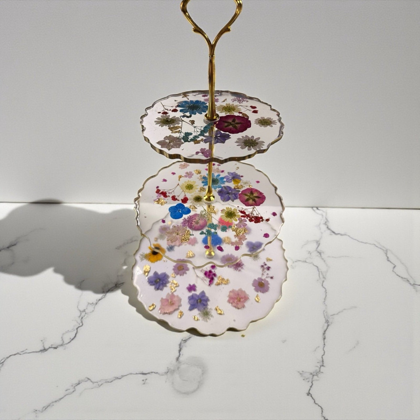 Handmade Pressed Flower Resin 3 Tier Tray Gold Tea Party Display—Forever Bloom