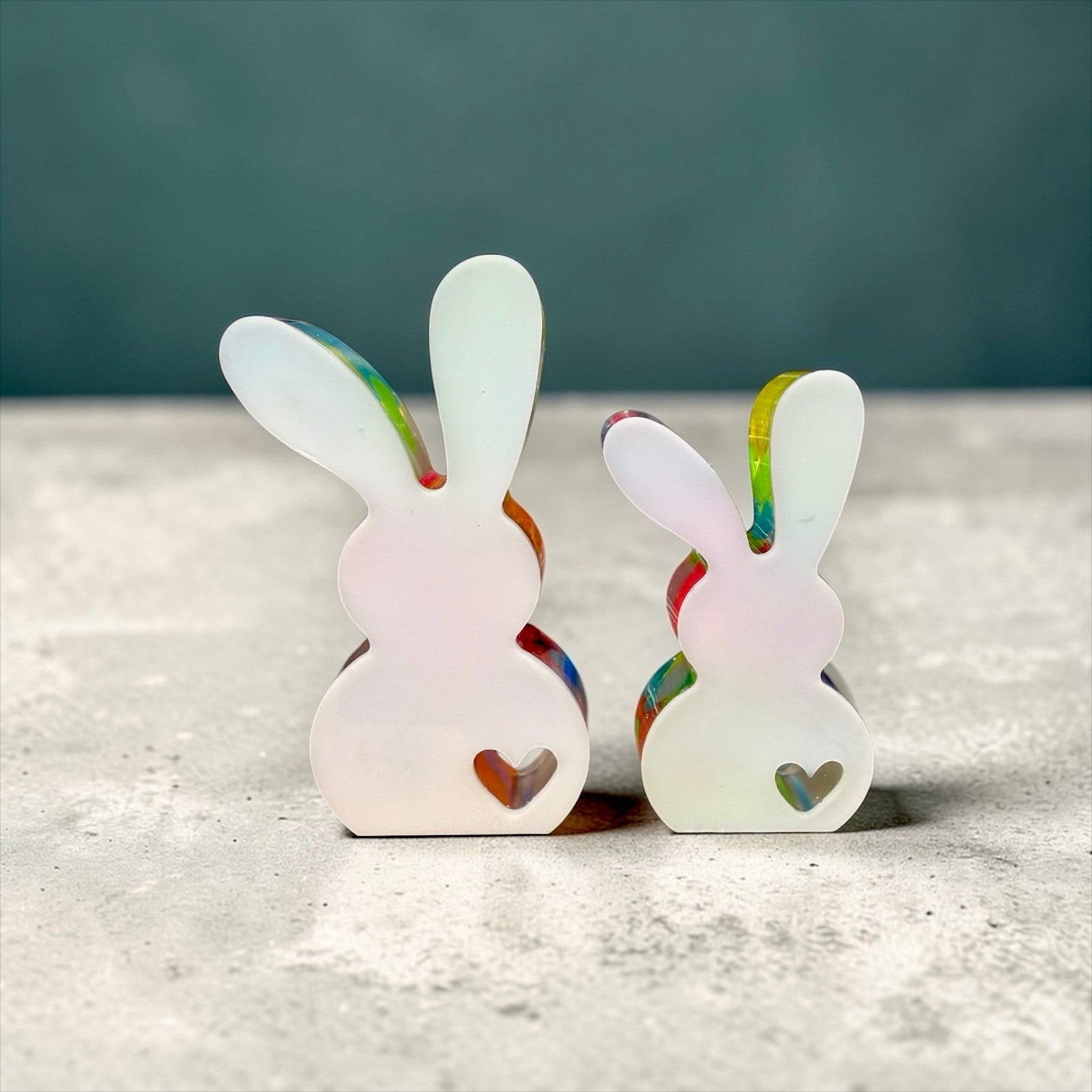 Handmade Resin Bunny Set Colorful Jellybean Easter Decor Shelf Sitter Boho Decor